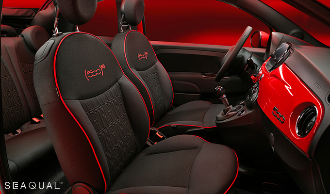 New fabric seats with FIAT monogram Seaqual® Yarn, red piping and dedicated logo