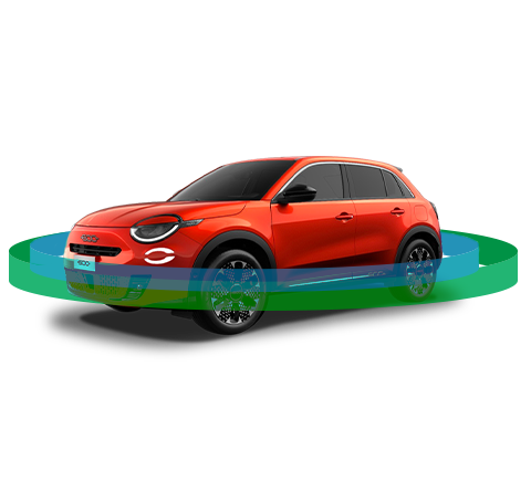 Oranjse Fiat 600 med en blå og grønn sirkel rundt bilen som illustrerer 360 graders sensor