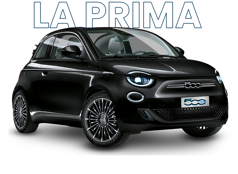Svart Fiat 500 med teksten "La Prima" over bilen