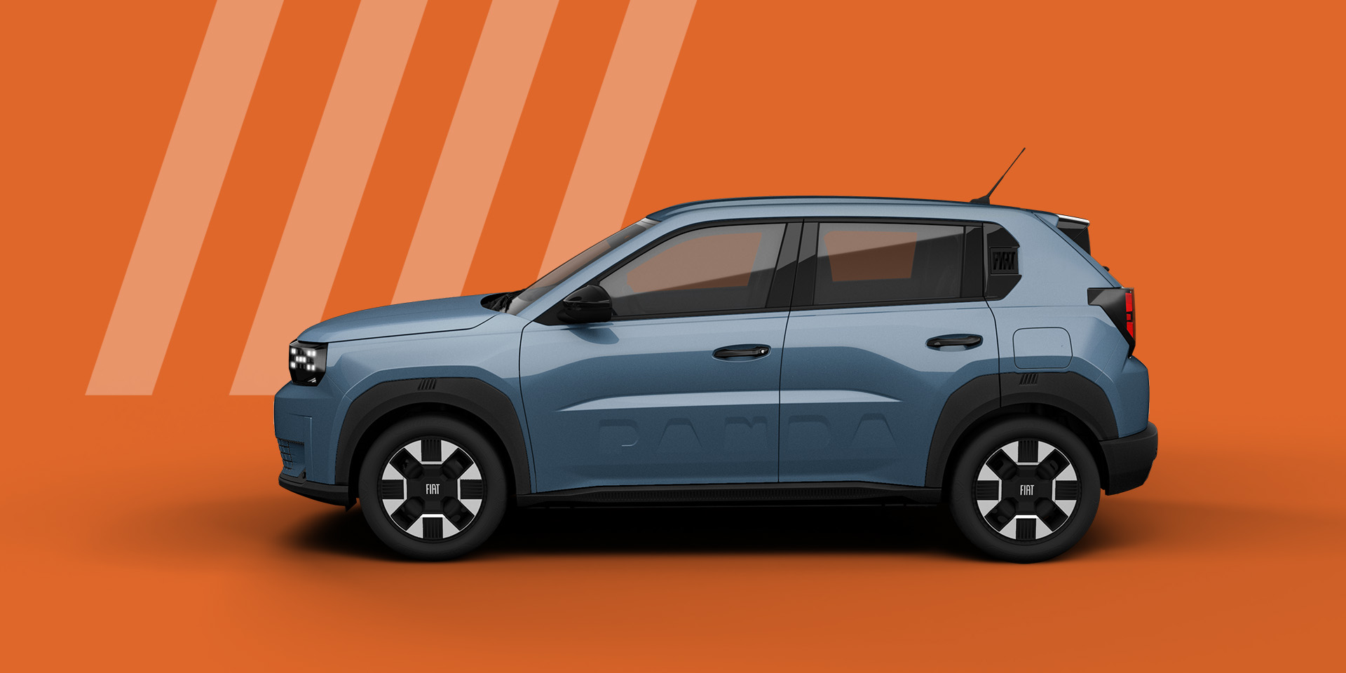 Produktbilde av en blågrå Fiat bil på oransje bakgrunn
