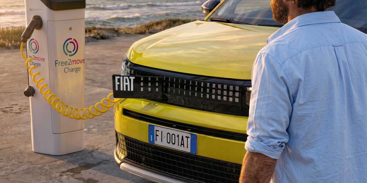 Miljøbilde av en gul Fiat Grande Panda, sett bakfra